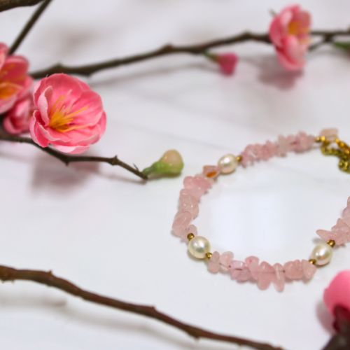 Rose Quartz & Pearl Metal Lock Bracelet Jewellery TLMA